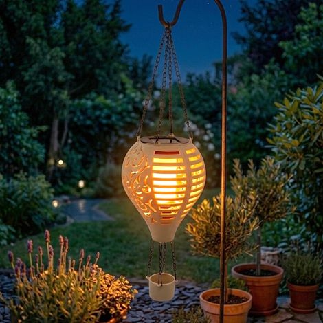 Solar Heißluftballon beige zum Hängen mit Flammen Effekt - 38 cm - LED Garten Lichtspiel mit Flackereffekt