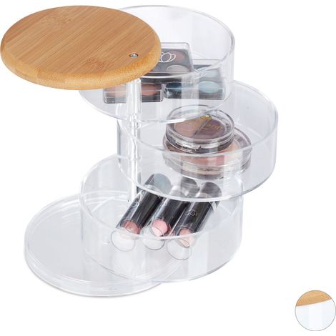 Relaxdays Make Up Organiser, 3 Rotating Levels, for Cosmetics & Jewellery, Make-up Storage Box, Bamboo, Plastic, Clear (1/5)