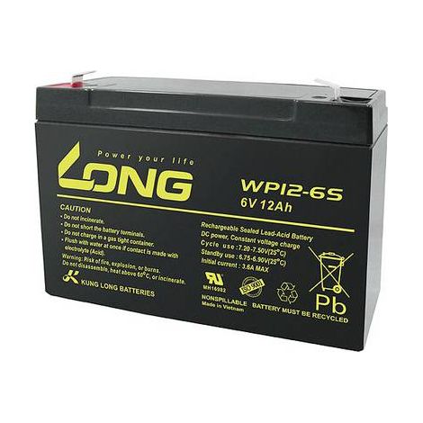 Long WP12-6S WP12-6S Batterie au plomb 6 V 12 Ah plomb (AGM) (l x H x P) 151 x 99 x 50 mm cosses plates 4,8 mm auto-décharge réduite, sans entretien Y860422 (1/2)