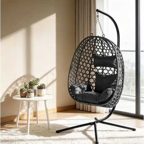 Poltrona sospesa con supporto 105 x 105 x 195 cm antracite in metallo e rattan PE HAVRYA (1/5)