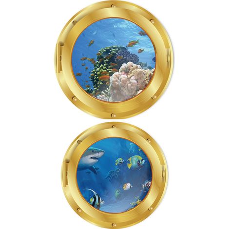 Lot de 4 stickers muraux hublot, effet 3D monde sous-marin, décoration salle de bain, adhésif surface lisse (1/5)