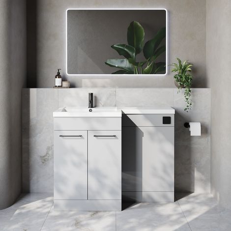 Napoli 460 Gloss Grey Pearl 1100mm 2 Door Vanity Unit Toilet Suite with Left Hand Square Lucia Basin - 1100mm - Matt Black 160mm HandleWithout Kingston Toilet Pan