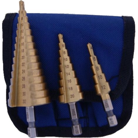 Set 3 frese a gradino HSS attacco 1/4""" 4-12, 4-20, 4-32 mm