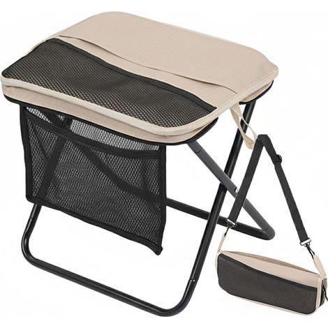 Tabouret de camping pliant portable, cadre en métal avec filet de rangement, petit tabouret pliant, siège d'extérieur léger (kaki).