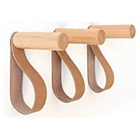 Wandhaken aus Leder, Wandgarderobe aus Holz zum Aufhängen von Taschen, Handtüchern und Mänteln, skandinavisches modernes Design (3er-Set)