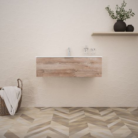 Inda - Badezimmerschrank B.100 mit glänzendem Waschbecken / Natureiche 1 Schublade - Topazio