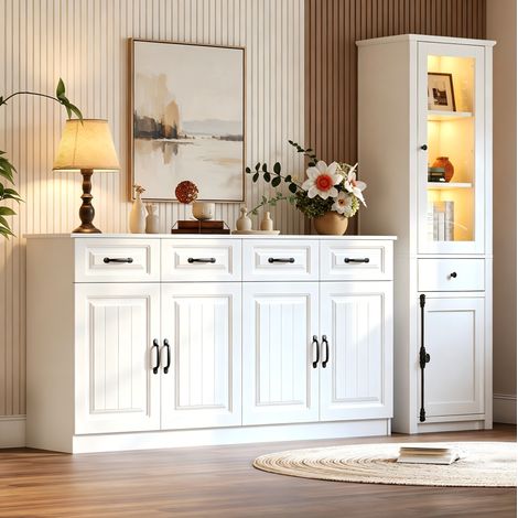 Set di 2 credenze con vetrina 160x35x80 cm e 55x40x200 cm, 4 cassetti, MDF bianco (1/5)