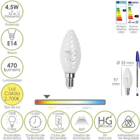 bombilla led filamento vela esmerilada e14. 4,5 watt. equivale a 35 watt. 470 lumenes. luz calida 2700º k.