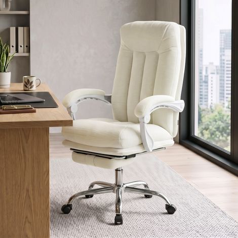 Chaise Bureau Ergonomique, Fauteuil de Bureau Inclinable en Chenille, Hauteur Réglable, Repose-Pieds, Crème (1/5)