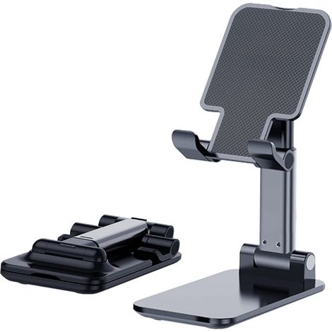 Support universel pour téléphone portable de bureau, pliable et réglable en hauteur pour appareils jusqu'à 8", avec revêtement en silicone, noir (1/5)