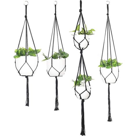 Suspension Plante, Macramé Pot Suspendu, Suspension Plantes Support, 4 Pièces Cintres en pour Plantes, Extérieur Suspendue Décoration Balcon, Noir(N'inclut Pas Le Pot de Fleurs) (1/5)