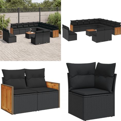 Salon de jardin avec coussins 14 pcs noir résine tressée - Ensemble Salon De Jardin - Meuble Extérieur - Mobilier De Jardin - Salon De Jardin Pliable - Chaise Longue - Home & Living (1/5)