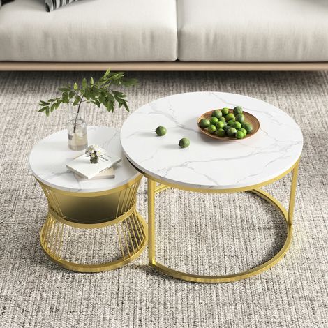 Couchtisch-Set 70x70 cm & 45x45 cm - 2 runde Satztische im modernen Stil mit Marmoroptik - MDF & Metall - Gold