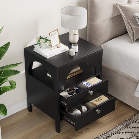 Mesita de noche 45x40x58 cm negra en MDF con 2 cajones y 1 compartimento abierto (1/5)