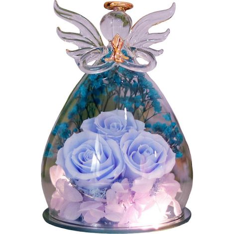 Roses éternelles sous cloche en verre, fleurs stabilisées à poser, cadeau de Noël pour maman, grand-mère, épouse, bleu clair (1/5)