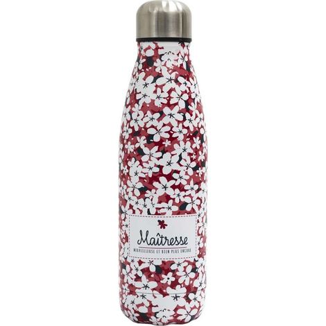 Bouteille de Transport isotherme 50cl fleurs roses et inscription "Merci maîtresse" (1/3)