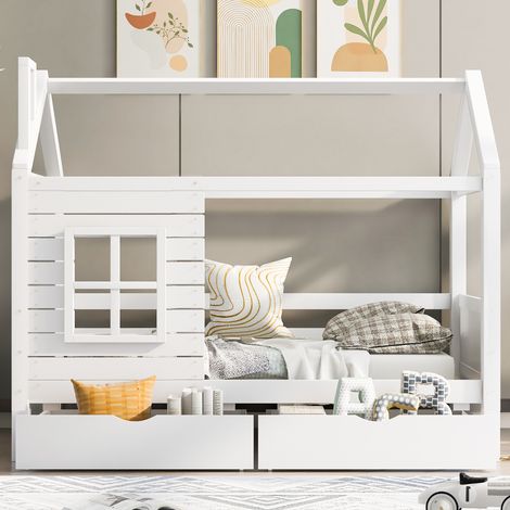 Lit cabane en bois massif 90x200 cm avec barrière de sécurité, lit enfant et junior polyvalent, sommier à lattes inclus, fenêtre décorative, blanc, pour garçons et filles (1/5)