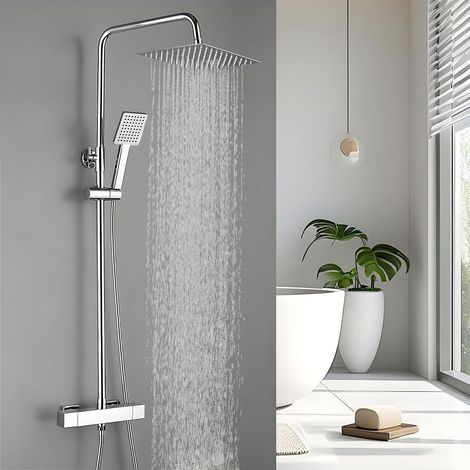 Colonna doccia termostatica con miscelatore, set doccia per bagno, sistema doccia quadrato con soffione, doccetta in ABS, altezza regolabile, cromato (1/5)