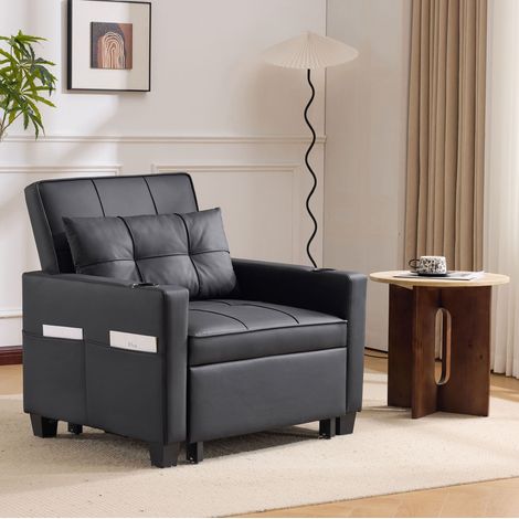 Canapé-lit 1 place 3-en-1 en PU noir, 74 x 87 x 84 cm, avec porte-gobelets et USB (1/5)