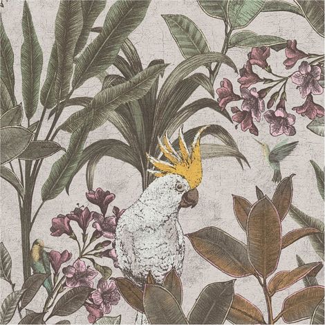 Birds wallpaper wall Profhome 397484 hot embossed non-woven wallpaper slightly textured with jungle elements matt green cream pink yellow 5.33 m2 (1/5)