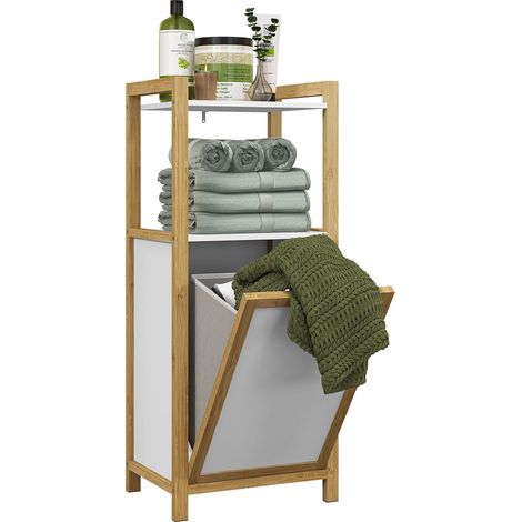 Meuble sur pied bambou 40x30x86,5Hcm 2 étagères panier à linge salle de bain gain de place