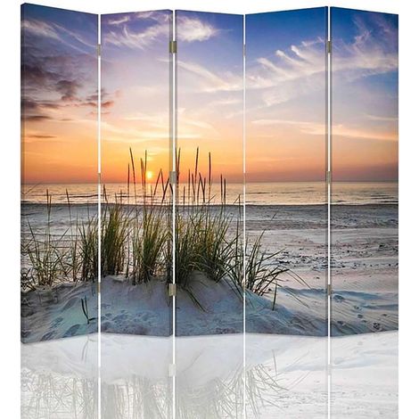 Paravent Ambiance Plage et Dunes pour Décoration Intérieure - 180 x 150 cm - 2 faces R° V° + rotation 360°