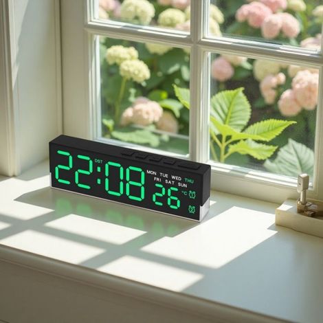Réveil numérique LED température semaine 2 alarmes lumière ambiante réglage de la luminosité chevet horloge alimenté par USB-BP (1/4)