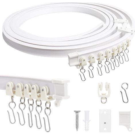 Rail de Rideau Flexible, 5 M, Montage au Plafond, avec Roulettes Silencieuses, Système de Rails de Rideaux pour Fenêtres, Rideaux, Séparateur de Pièce, Système de Rail de Rideau, Blanc (1/5)