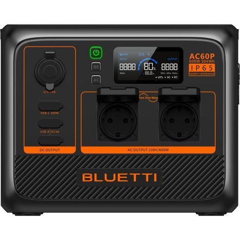 Bluetti – Station d'alimentation portable AC60P – Batterie LiFePo4 600W – Capacité 504Wh – Résistante à l'eau et à la poussière – Pour chargement secteur et solaire (1/5)