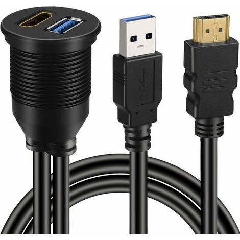 USB 3.0 & HDMI à HDMI + USB3.0 AUX Extension Dash Panel étanche voiture montage encastré câble pour voiture bateau et moto -1 m (1/4)