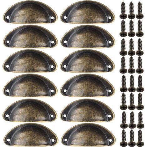 FLITI, 12 Stück Vintage-Muschelgriff für Küchenschränke, Vintage, gebogener Schranktürgriff aus Eisen, 8,2 cm x 3,5 cm, antikes Messing