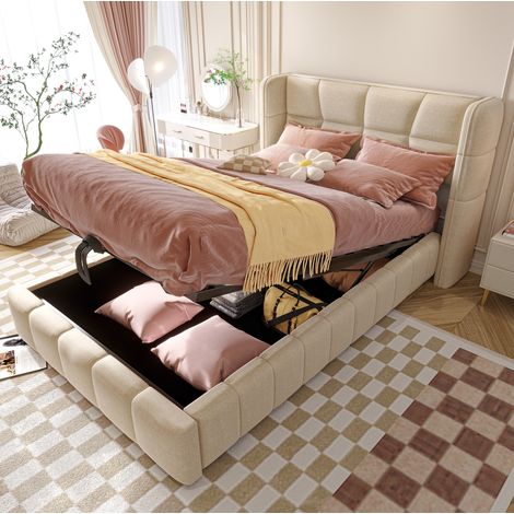 Lit coffre enfant 90x200 avec tête de lit et sommier à lattes, beige OKMYHOME (1/5)
