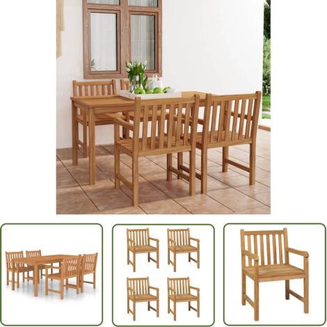 The Living Store Ensemble à manger de jardin 5 pcs Bois de teck massif - Meubles De Jardin - Salon De Jardin - Set De Table - Table En Bois - Chaises En Bois (1/5)