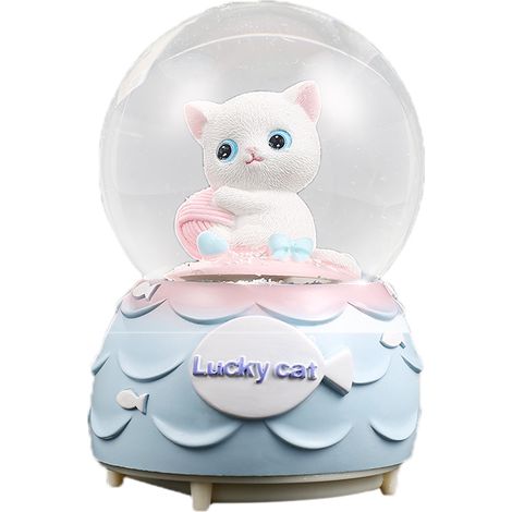 Boule à Neige Résine Chat Blanc avec Lumière et Musique - Décoration Maison Cristal à Paillettes (1/5)