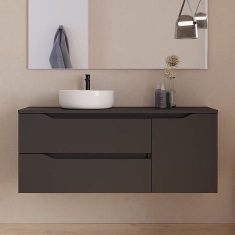 Meuble de salle de bain 120cm avec plateau et vasque à poser déportée à gauche Ares - sans miroir - 2 tiroirs et un placard - noir - ZARZA