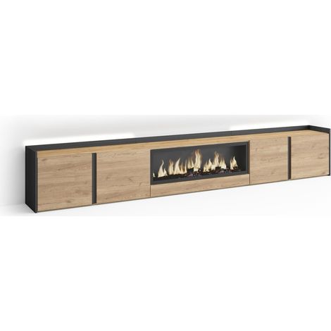 Skraut Home - TV-Schrank, Lowboard, für Wohnzimmer und Esszimmer, 315x35x50cm, Für TV-Geräte bis zu 80", Elektrokamin XXL, LED, Moderner Stil, Eiche Schwarz (1/5)