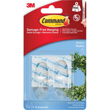 Command™ Clear Hooks with Clear Strips, Medium Size, Pack of 2 - Damage-Free Wall Mounts (Model COM17091CLR)