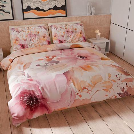 Housse de Couette 2 Places 250x200 cm 2 Taies 50x80 cm Incluses, Parure en Microfibre Imprimée Floral 25 2 (1/5)