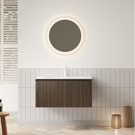 Meuble vasque suspendu 80 cm blanc et chêne brun avec lavabo en résine, 2 colis (1/5)