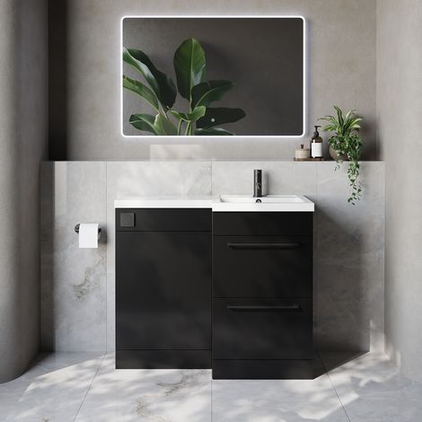 Napoli 390 Matt Black 1000mm 2 Drawer Vanity Unit Toilet Suite with Right Hand Square Lucia Basin - 1000mm - Matt Black 320mm HandleWithout Kingston Toilet Pan