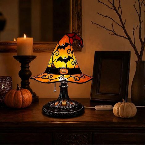Lampe de table citrouille vitrail décoration Halloween lampe chapeau sorcière lampe chat noir veilleuse vintage alimentation USB (1/5)