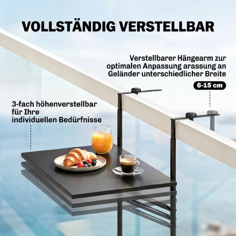 Tablette de balcon réglable pour rambarde 6-15cm, métal inoxydable, 62x60x85,5cm, noir (1/5)