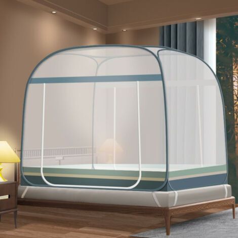 Mosquitera plegable infantil de 180x200 cm, dosel transpirable para cama, doble puerta, para camas individuales/dobles, color verde a rayas. (1/4)