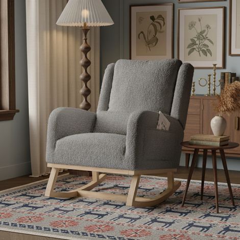 Sillón a bascuel scandinave, tissu Sherpa, con cossin y bolsillos lateralos, accodoirs confortablos, dossier inclinoabel, pieds en bois massif, mecedora - Gris