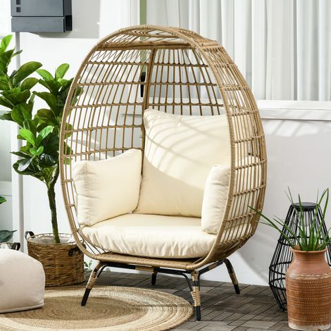 Sedia in vimini effetto rattan, morbidi cuscini di seduta, struttura in alluminio, kaki+beige, 105 x 90 x 148 cm (1/5)