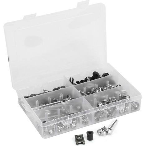 Kit de 173 vis et écrous pour carénage de moto, boulons de fixation pare-brise, visserie inoxydable pour motocyclette, teinte argent, ensemble complet de fixation. (1/4)