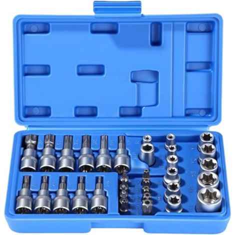 Coffret de 34 pièces : douilles Torx int./ext., embouts hexagonaux S2, 3/8", 10 mm, T10-T60, 5/16", 8 mm, T10-T55, 10 mm, écrous E4-E20 (1/5)