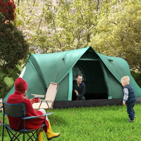 Tente camping hydrofuge 6 places protection UV poteaux en fibre verre - Dimensions: 4,55x2,3x1,8 m - Couleur: Vert