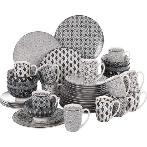 Service de table 48 pièces pour 12 personnes, Porcelaine, Noir & Crème, Adapté au micro-ondes (1/5)