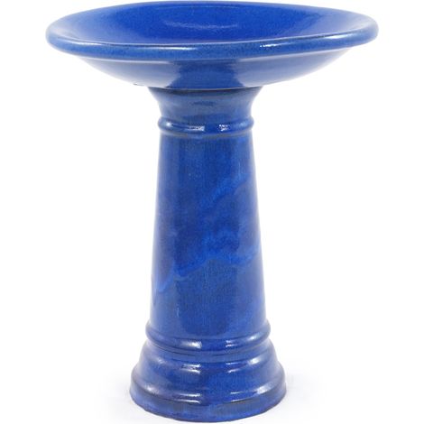 Bain d'oiseaux en céramique fait main, Ø 31,5 cm, hauteur 38 cm, bleu roi brillant, résistant aux intempéries pour jardin et balcon (1/5)